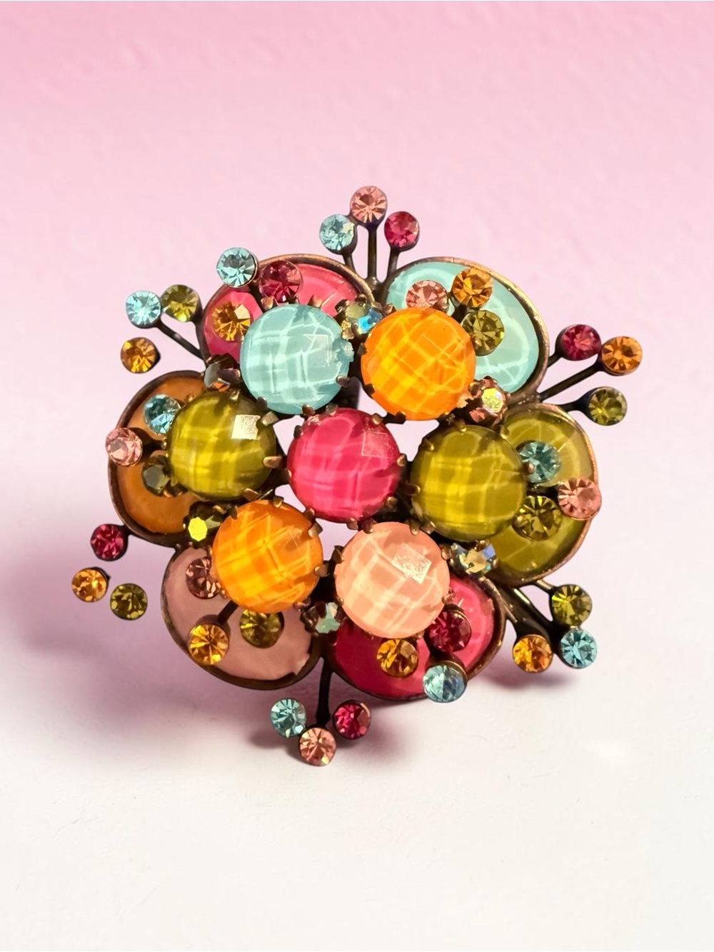 Vintage Multicolor Statement Brooch • Colorful Cabochon & Rhinestone Floral Spra
